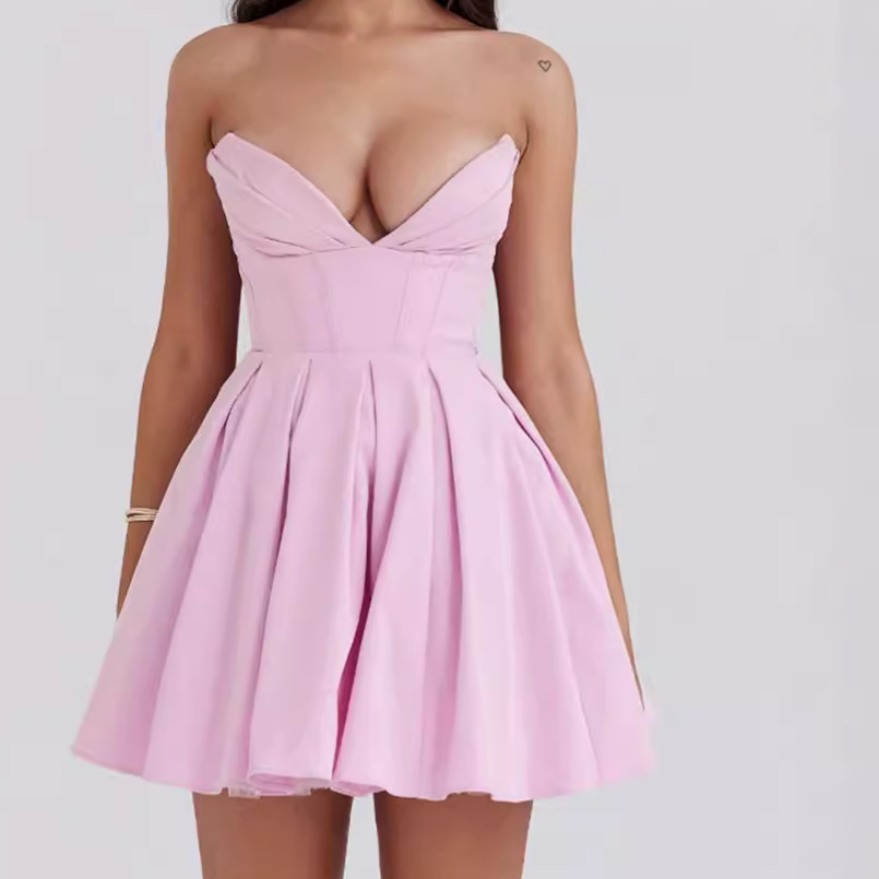 European and American V-neck Strapless dress Women's 2024 Summer Elegant Hot Girl Fishbone Slim-fit Backless Tutu Dress