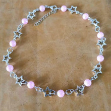 跨境新品热销 粉红辣妹流行朋克镂空五角星项链仿珍珠颈链