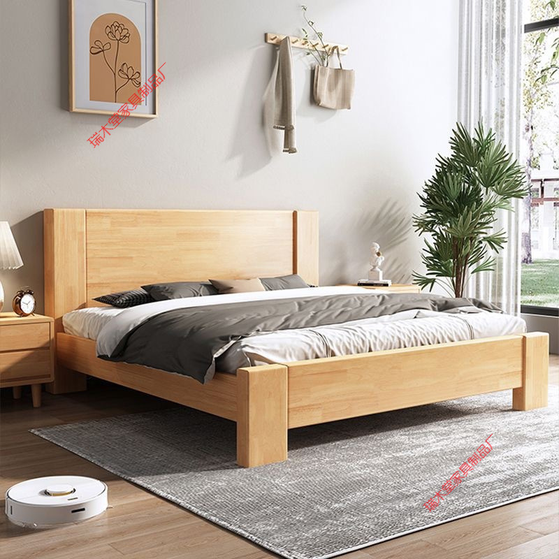 All Solid Wood Bed 1.5m Home Modern Simple Rubber Wood 1.8 Double Bed Master Bedroom 1.2m Single Kidsren's Bed Frame