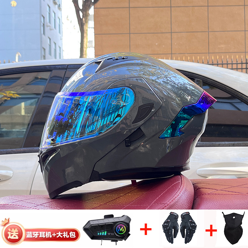 Casco de exposición Orz para hombres y mujeres invierno Doble espejo coche eléctrico semi-Casco completo cola de color coche deportivo ranura Bluetooth cuatro estaciones casco