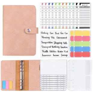 Planner Binder Notebook, PU Cover, Tear-Off Budget Sheets 27 pcs, A5-Style Organizer