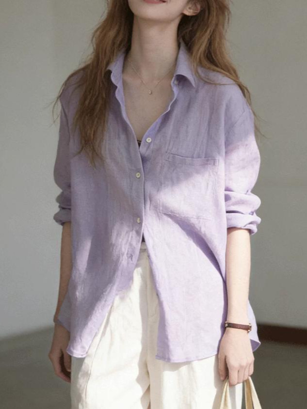 Áo sơ mi nữ tay dài phong cách nhẹ nhàng chất cotton linen rộng rãi — Màu tím nhạt