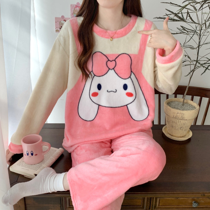 Pijamas de mujeres otoño invierno de franela lindo dibujo animado 2023 nuevo coral de lana gruesa falda cálida ropa para el hogar