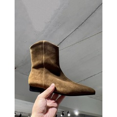 牛皮版~复古软皮绒面尖头粗跟平底瘦瘦靴短靴西部牛仔靴女马丁靴