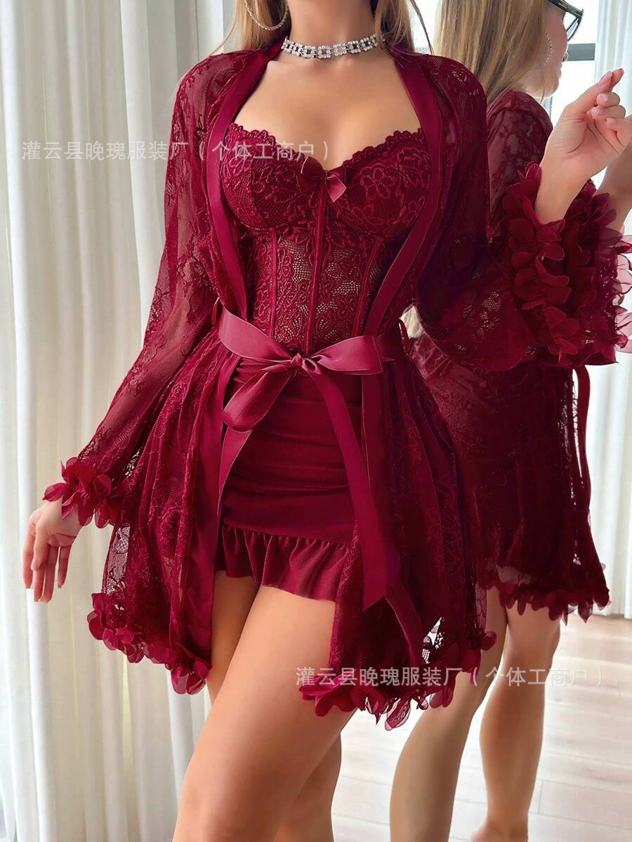 Кружевной комплект для сна — халат и комбинация, женский, цвета S–XXXL