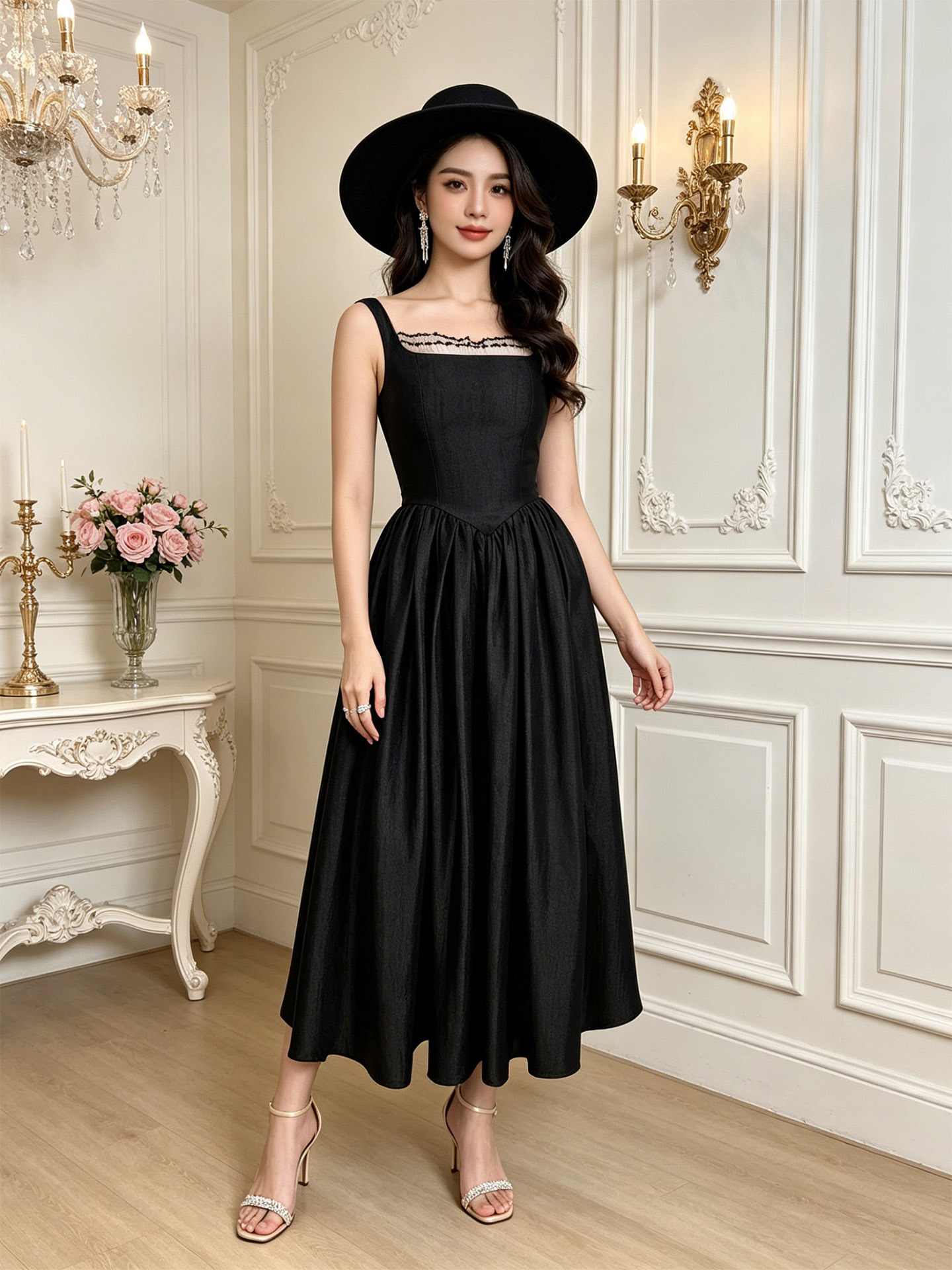 Đầm maxi nữ thắt eo cổ vuông dây mảnh phong cách Hepburn — đen