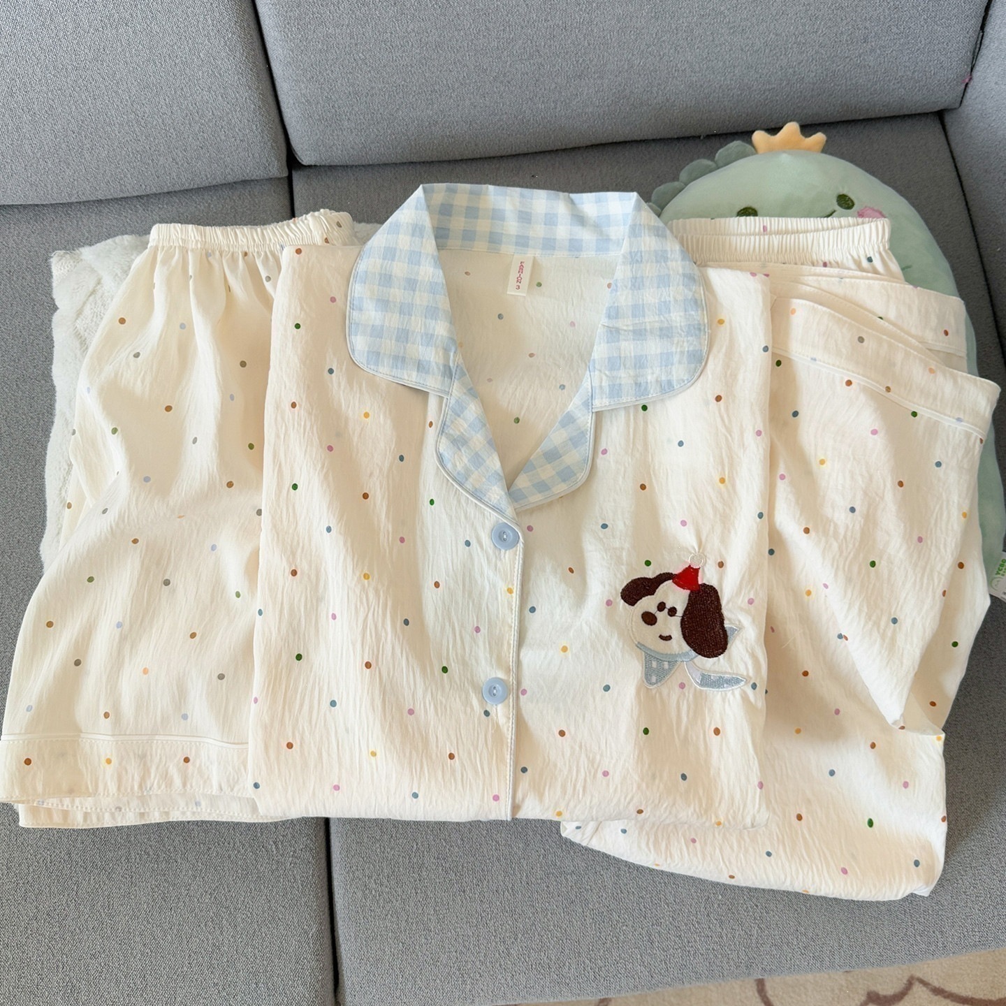 Yunduo cotton-j28106 # Blue check polka dot dog three-piece set / M code [recommended 37.5-50kg ]