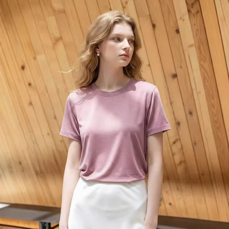 Individually Packaged Mulberry Silk Cool-Touch T-Shirt for Women, Short-Sleeved, New Summer Style, Round Neck, Solid Color, Skin-Friendly, Ice Silk, Breathable Individually Packaged Mulberry Silk Cool-Touch T-Shirt for Women, Short-Sleeved, New Summer Style, Round Neck, Solid Color, Skin-Friendly, Ice Silk, Breathable