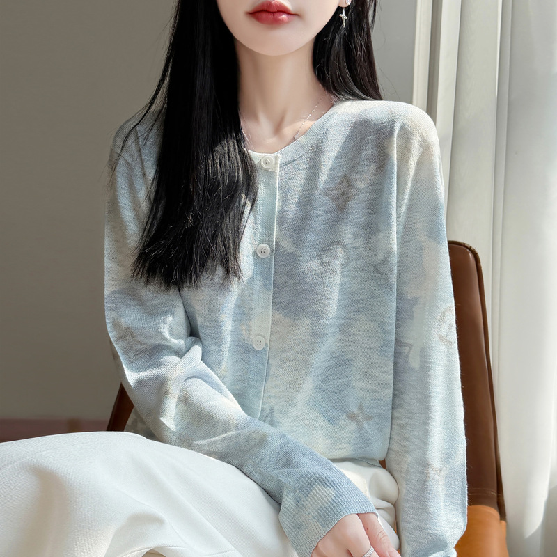 Bamboo Linen Ice Silk Knit Long-Sleeve Women's Fashionable Round-Neck Stylish Printed Thin Sun-Protective Cardigan Top