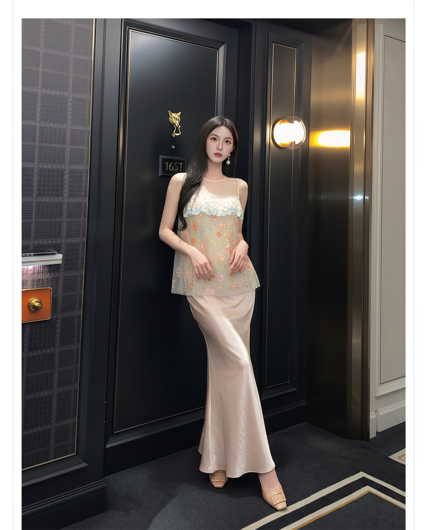 Bộ váy áo vest không tay phong cách Trung Hoa thêu ren họa tiết nặng, chất liệu thoáng khí, gồm áo vest và chân váy nửa kèm theo — bộ đồ, Champagne màu nửa váy, Áo khoác màu mơ chi tiết 7