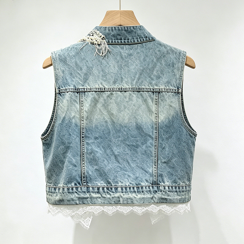 2026 primavera y verano nuevo estilo retro mano cuentas de clavos plumas encaje empalmado chaleco de vaquín camisa de mujer clip de marea image 2