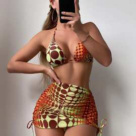 欧美2024外贸bikini系绳性感系带分体泳衣三件套比基尼图案厂家