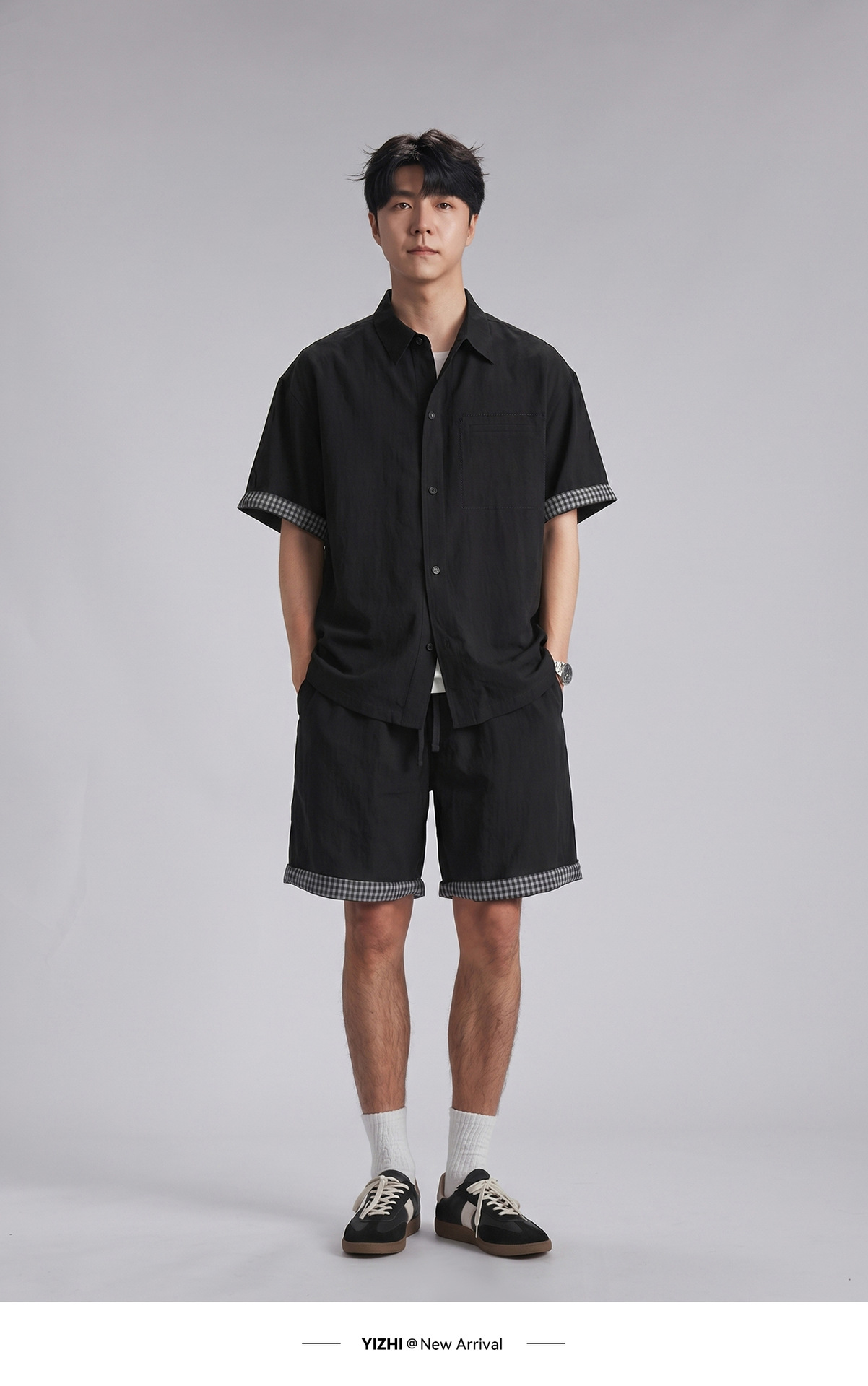 Bộ đồ thể thao nam áo sơ mi ngắn tay kèm quần short chất liệu Tencel mát lạnh — đen chi tiết 16