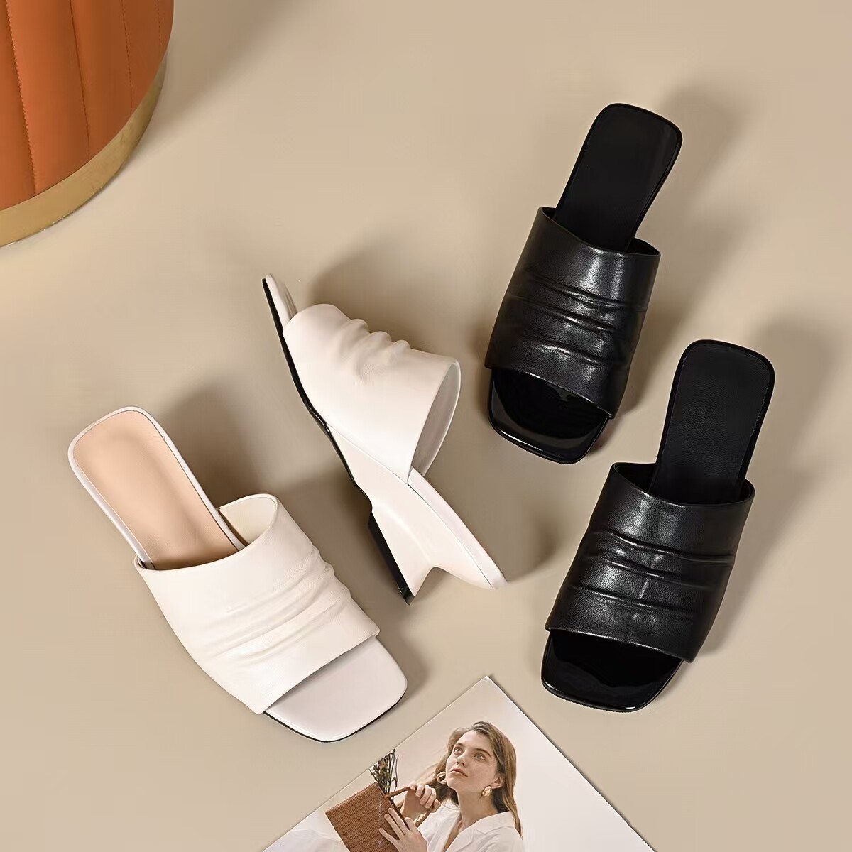Dép sandal nữ quai ngang mũi vuông da thật đế bệt chống trượt — màu đen chi tiết 9