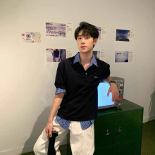 正确版本现货高品质MU家新款格子领拼接珠地棉polo衫短袖男女同款