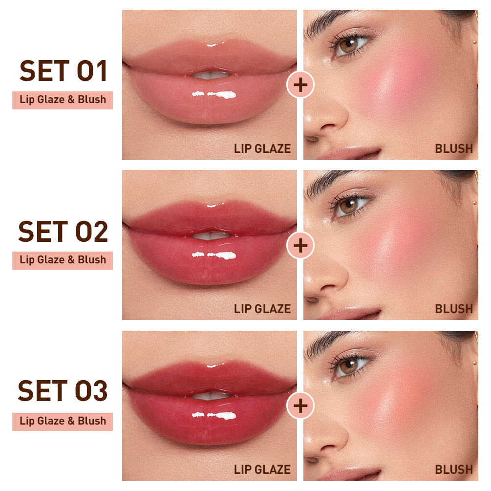 Carina QIBEST Mirror Glaze Stain Free Cup Colorfast Moisturizing Lip Color Ilgnoturīga, viegli krāsojama šķidrā pūdera vaigu sārtuma komplekts_voghion.com