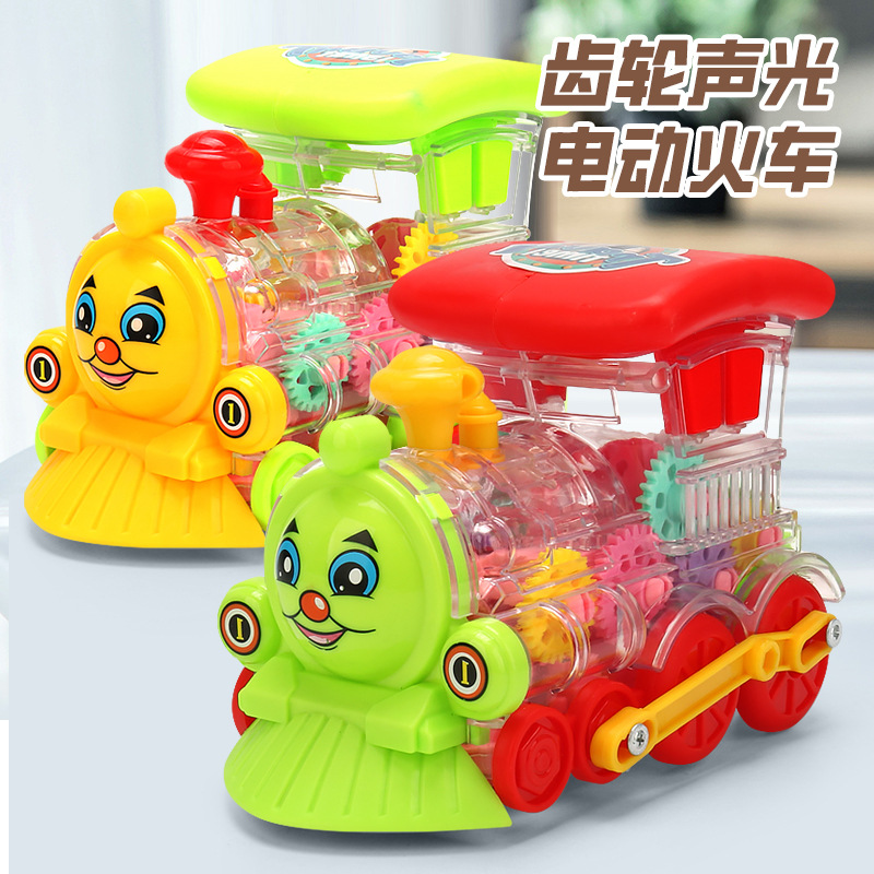 Transfronterizos niños tren de engranajes eléctricos juguetes de música iluminación universal caminando tren eléctrico pequeño puesto mayorista