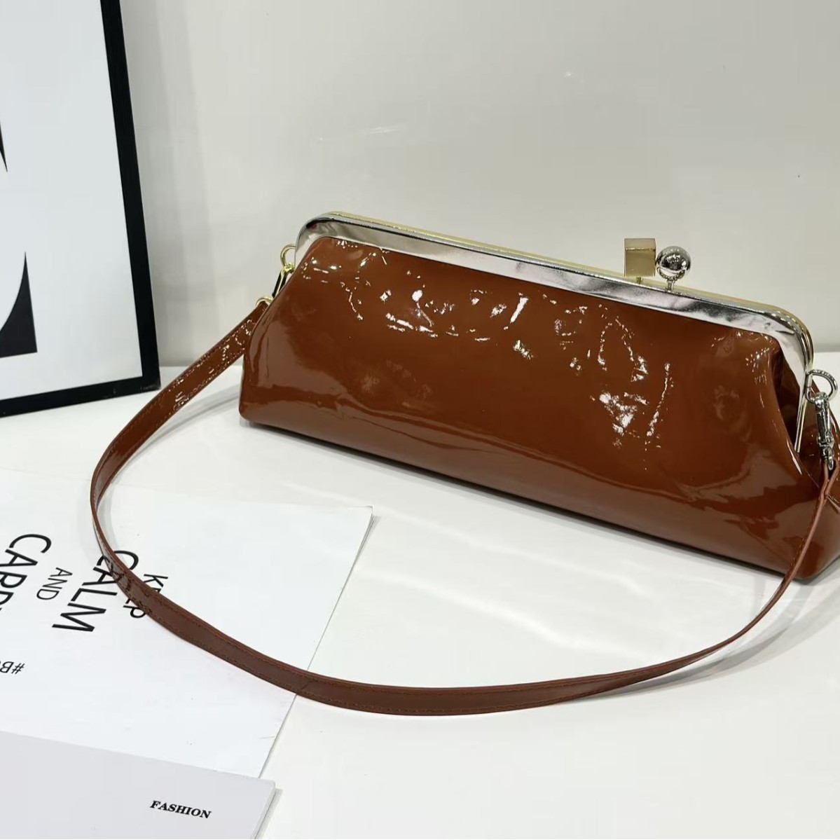 Bolsa baguette espelhada elegante para mulher mala de noite_voghion.com