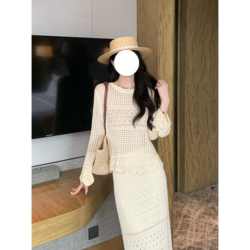 7656浪漫时区小香风淑女针织套装女2025新款镂空上衣长裙子两件套|undefined
