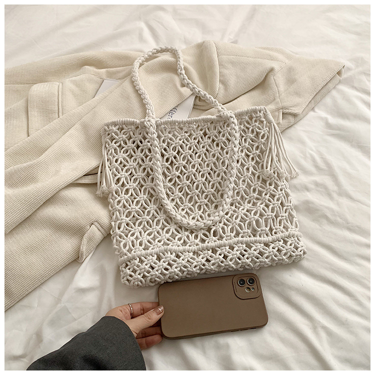 Women's Medium Cotton Rope Solid Color Vacation Beach Weave Hollow Open Handbag display picture 20