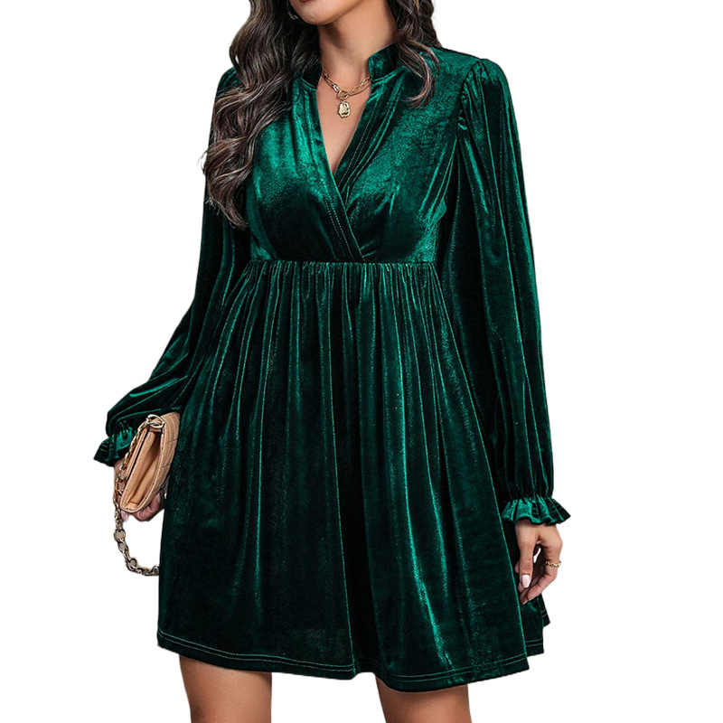 Vestido feminino de veludo em linha A – Vestido elegante retrô com manga curta e decote em V (mangas lanterna esvoaçantes, cintura alta, tecido de veludo macio)_voghion.com
