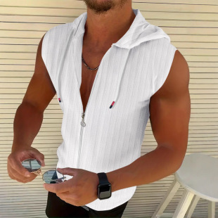 European and American New Hot Sale AliExpress Summer Men's Jacquard Striped Zipper Cardigan Sleeveless Hooded Vest Top