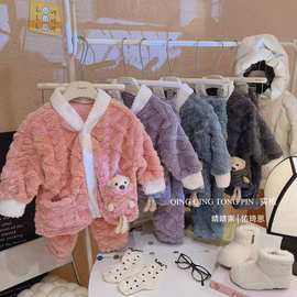 秋冬儿童法兰绒睡衣加绒加厚中大童珊瑚绒家居服亲子睡衣套装y