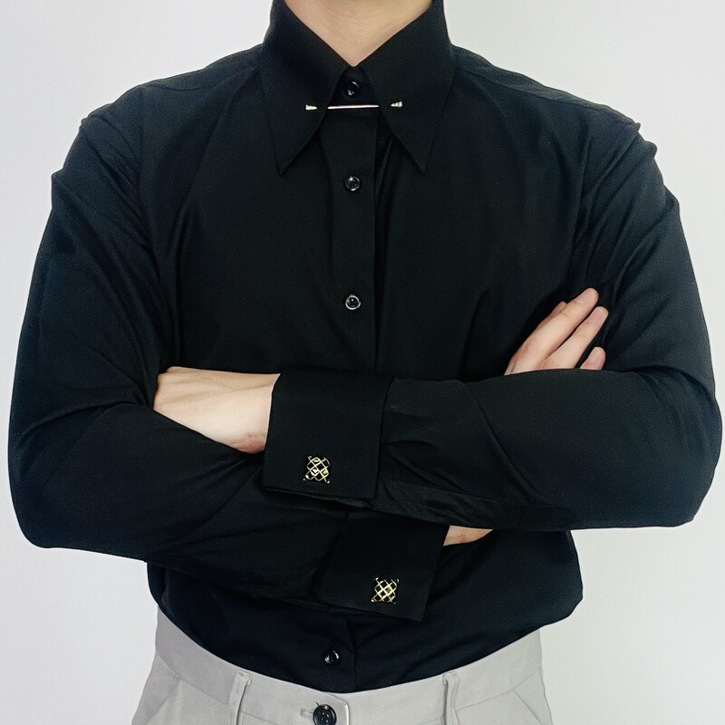 Imperial Collar Long Sleeve Shirt Men's Business Slim Fit Anti-Wrinkle Bamboo Fiber Antibacterial French Cufflinks Black Pinhole Collar