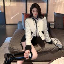 冬季白色小香风毛毛外套女短款气质名媛长袖重工拼接显瘦时尚上衣