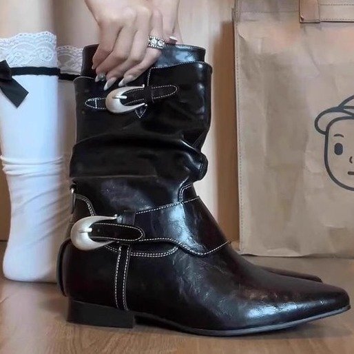 Classic Niche Design Slimming Metal Buckle Slouch Boots for Women Outdoor Chunky Heel Desert Western Short Boots Women's Martin Boots