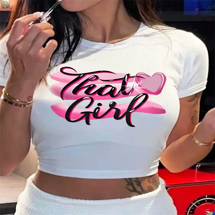 跨境欧美夏季新款修身显瘦辣妹性感短款小清新图案印花T恤 女上衣