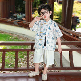 儿童夏季中式衬衫2026新款男童国风唐装衬衣礼服宝宝蝴蝶流苏衬衣