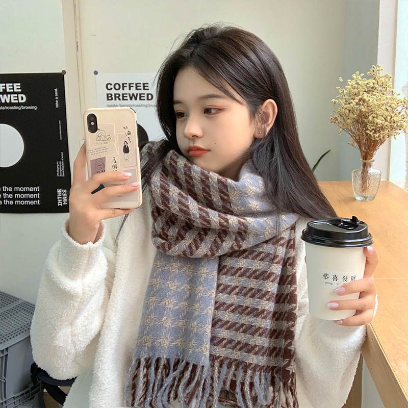 Double-sided Grid Scarf Women's Winter Sweet New Versatile Imitation Cashmere Thickened Warm Student Couple Scarf_voghion.com