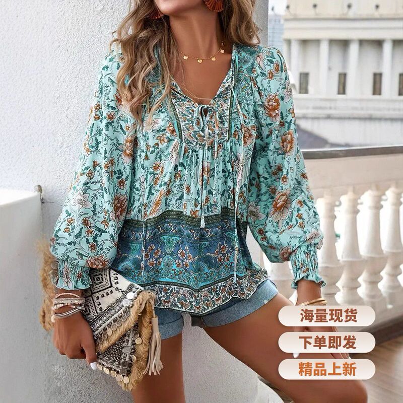 European and American Cross-Border 2026 Spring and Summer New Style Bohemian Resort Style Printed V-Neck Lace-Up Long-Sleeved Top Shirt for Women