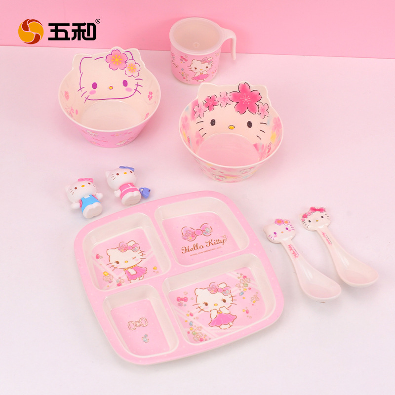 Sanrio Kittie cubiertos infantiles hogar bebés suplemento tazón impermeable a prueba de quemaduras placa dividida en forma de tazón taza de leche