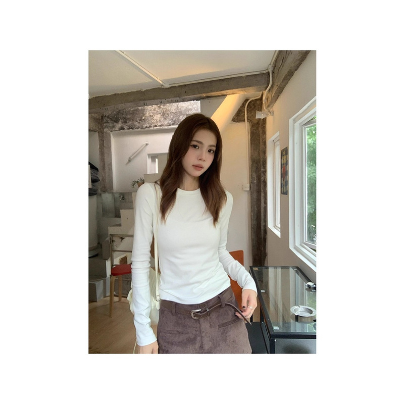 White Regular Shoulder Base Shirt T-Shirt for Women, Autumn Basic Style, Simple Inner Layer, Slim Fit, Round Neck, Long Sleeve Top, Cotton