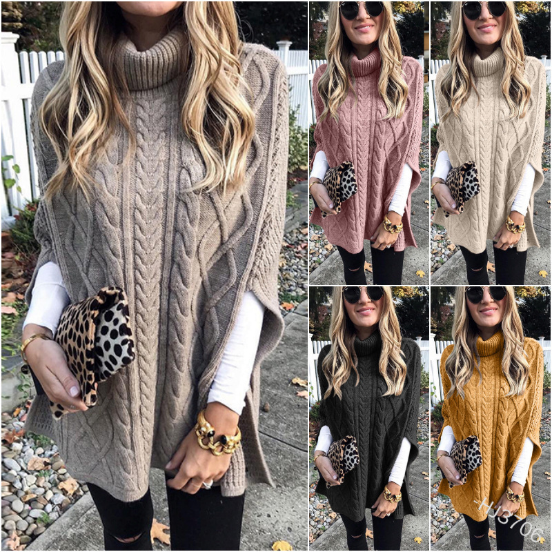 Amazon Autumn European and American Style High-Neck Solid Color Street Fashion Sweater Loose Fashion Women's Shawl Elegant Long-Sleeve