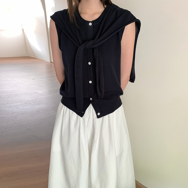 Tg Korean-Style Elegant Shawl Layered Sleeveless Vest Knitwear Set Top for Women 2025 Autumn New Model 25608