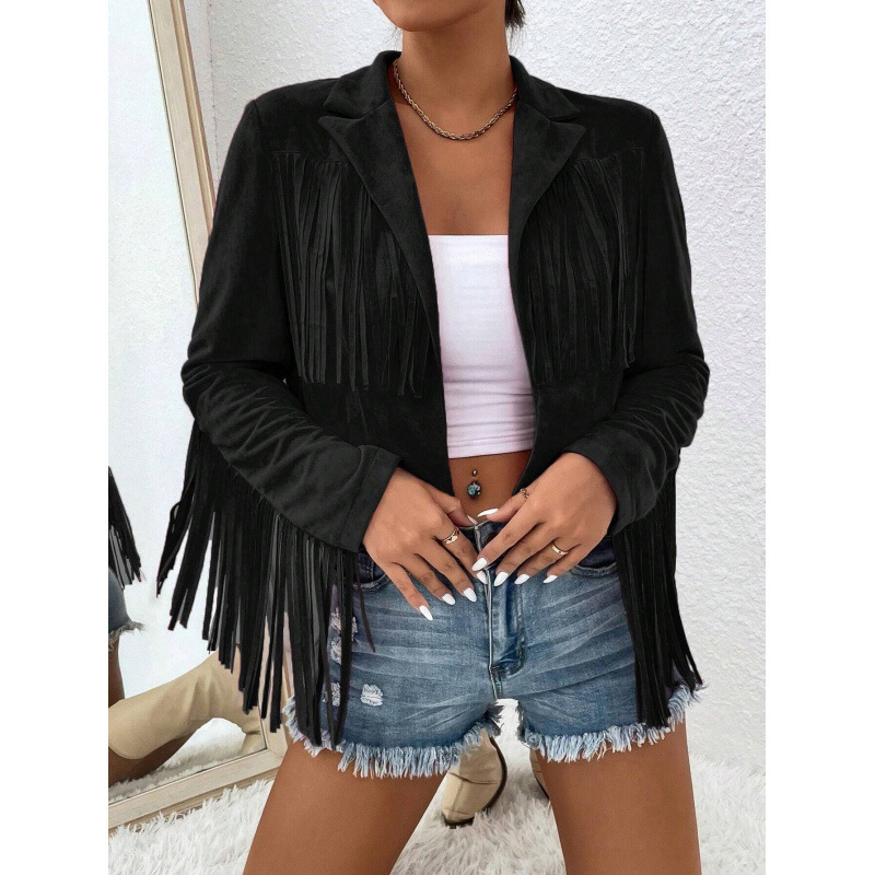 Amazon Foreign Trade Women's Clothing Autumn and Winter New Slim Fit Tassel Long-Sleeved Coat Jacket Warm and Stylish