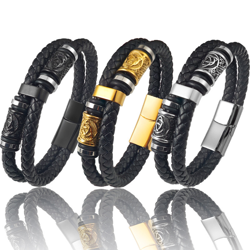 Viking Black Men's Stainless Steel Genuine Leather Braided Bracelet Handmade Multi-Layer Magnetic Leather Bracelet Yiwu Small Commodities