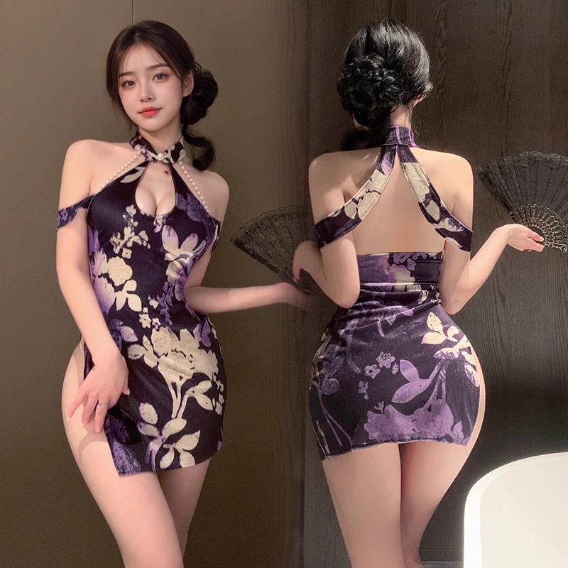 紫色珠链繁花丝绒旗袍小胸性感纯欲风裸背诱惑国风制服套装高级感