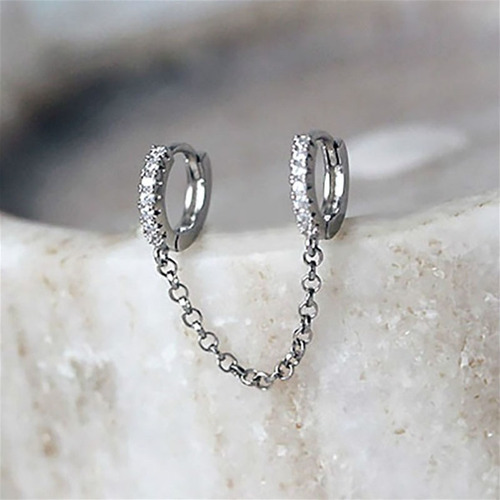 B109A Exquisite and Fashionable Women's Long Chain Earrings European and American Copper Inlaid Zirconia Double Ear Piercing One-piece Earrings