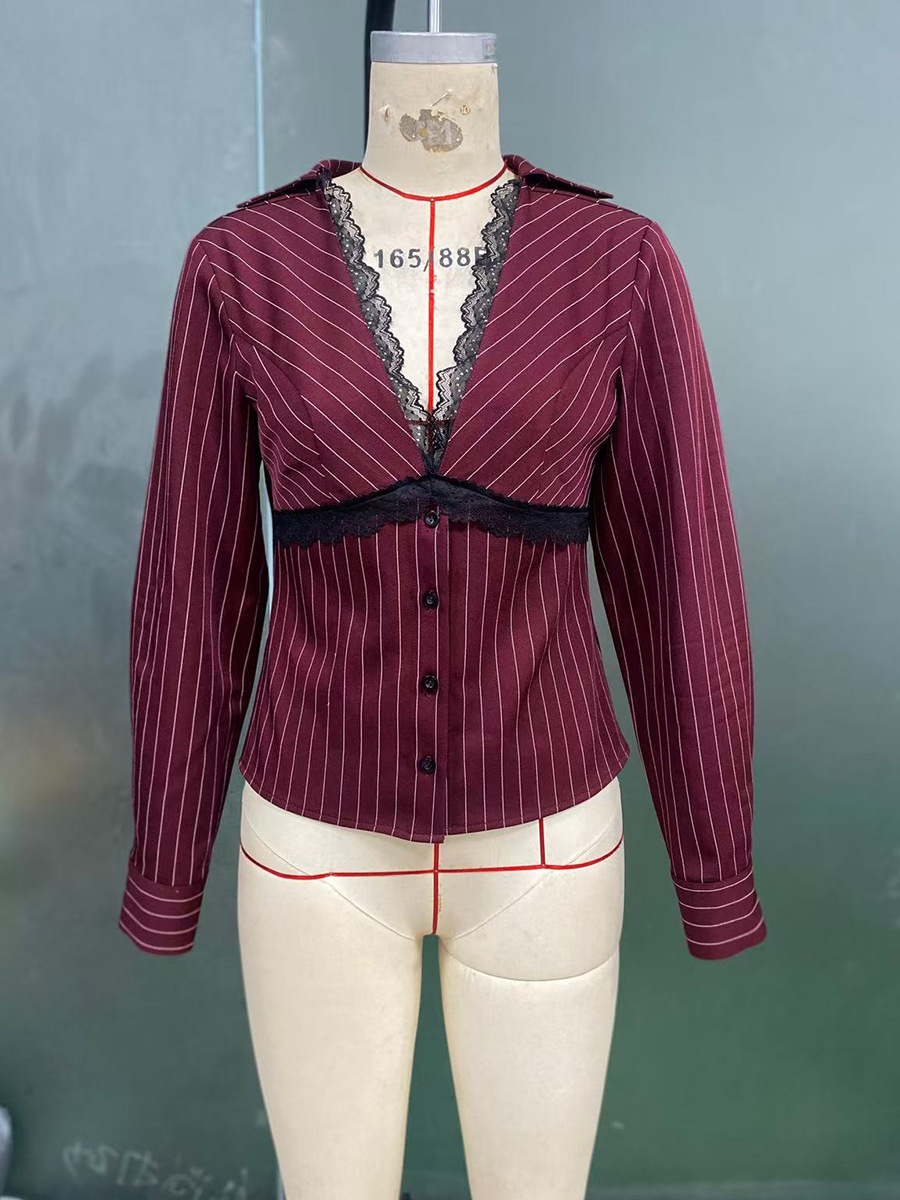 Women's Slim Fit Striped Long Sleeve Shirt Sexy Lace Top Casual Elegant Fashion Blouse For Autumn/Winter American Style_ecoleips.com