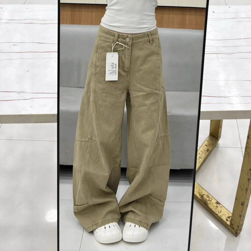 休闲牛仔裤女秋季设计松弛感拼接遮肉复古遮肉阔腿气质简约拖地裤|undefined