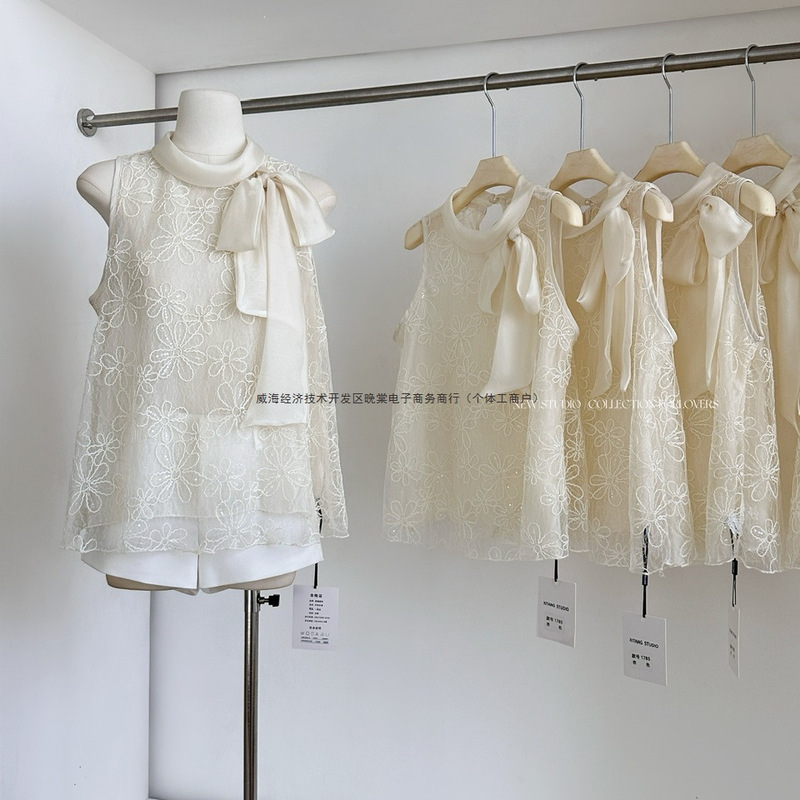 Lace "Paris Lace Poetry" Light Luxury Bow-Tie Lace Blouse for Women, Stunning Summer Top Lace "Paris Lace Poetry" Light Luxury Bow-Tie Lace Blouse for Women, Stunning Summer Top