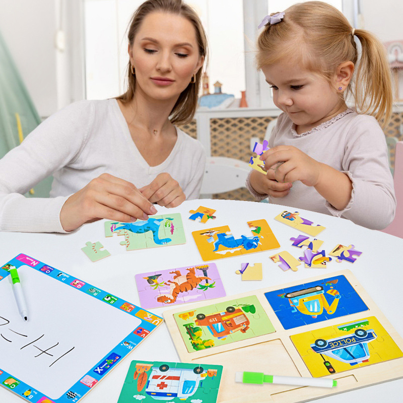 Madera cuatro en uno puzzle infantil 8 piezas puzzle de dibujos animados cognitivo puzzle juguete de tablero de pintura para bebés 3 - 6