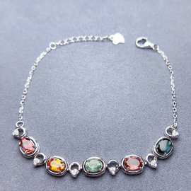 碧玺手链女经典大方简约s925银手链带钻5颗主石全色搭配4*6mm