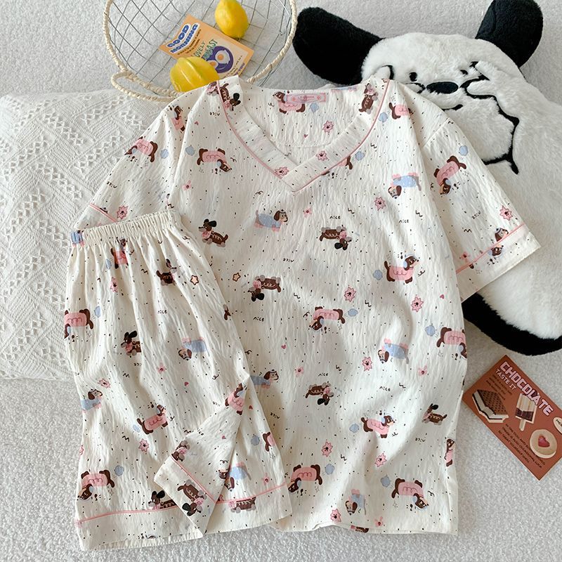 Vietnam transfronterizo al por mayor verano nuevo pijama de algodón con nube con cuello en V pantalones cortos de manga corta para mujer traje de servicio a domicilio para estudiantes de dibujos animados