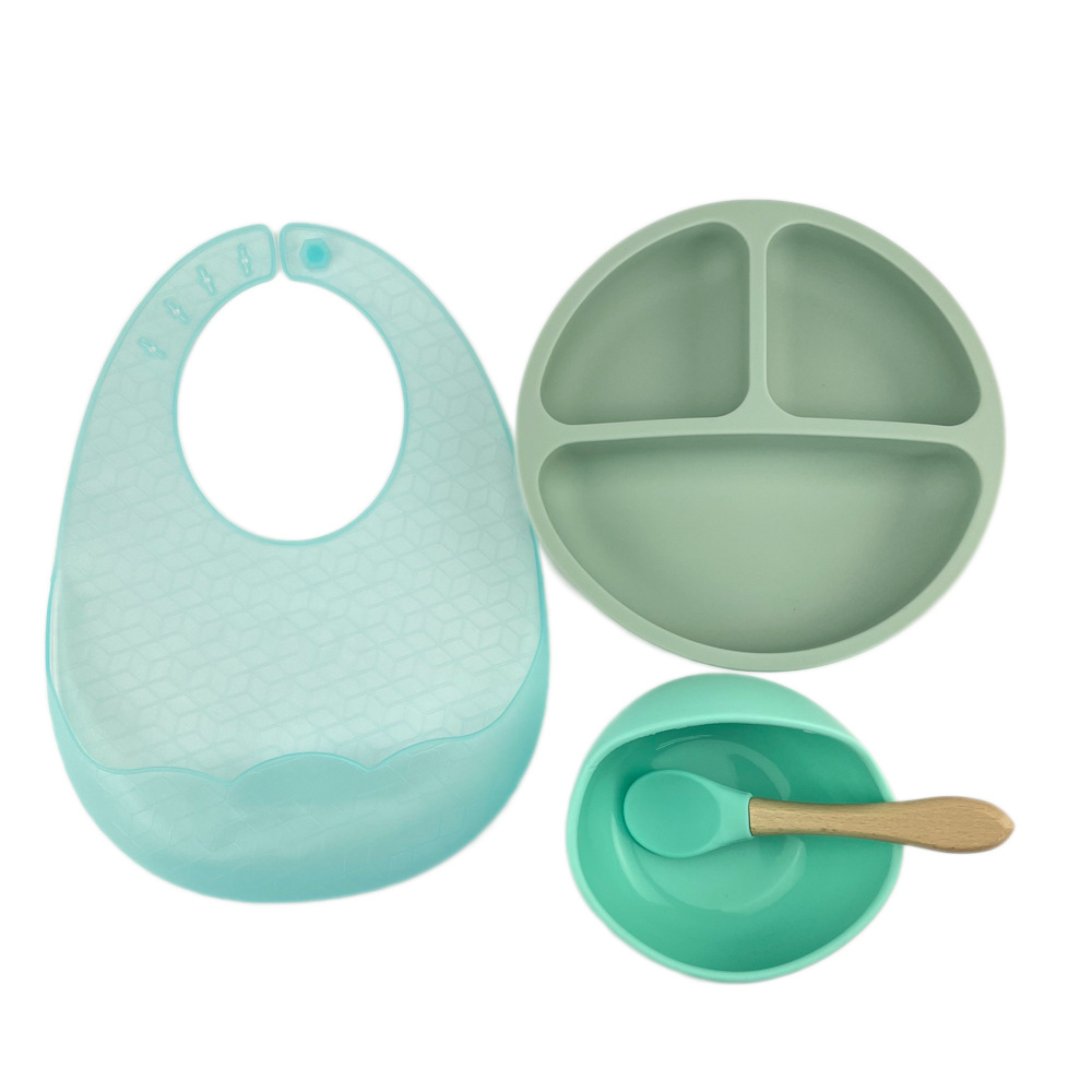 녹색 4 조각 접시 + 그릇 + 숟가락 + 턱받이