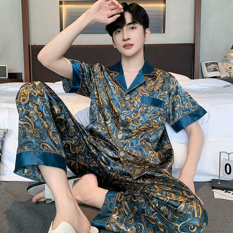 Пижама для мужчин Летние ледяные шелковые брюки с короткими рукавами для мужчин можно носить на улице 2024